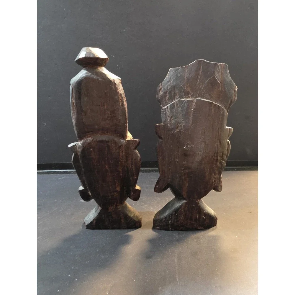 Vintage Indian Hand-Carved Wood Deity Busts - Pair of 2 Traditional Sculptures